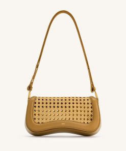 Joy Faux Bamboo Woven Shoulder Bag - Brown