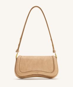 Joy Croc-Embossed Faux Suede Shoulder Bag - Beige