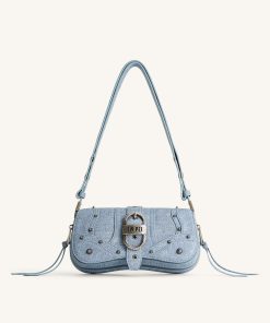 Joy Denim Embossed Curved Shoulder Bag - Blue