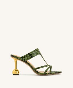 Cora Snakeskin Heeled Flip Flops - Green