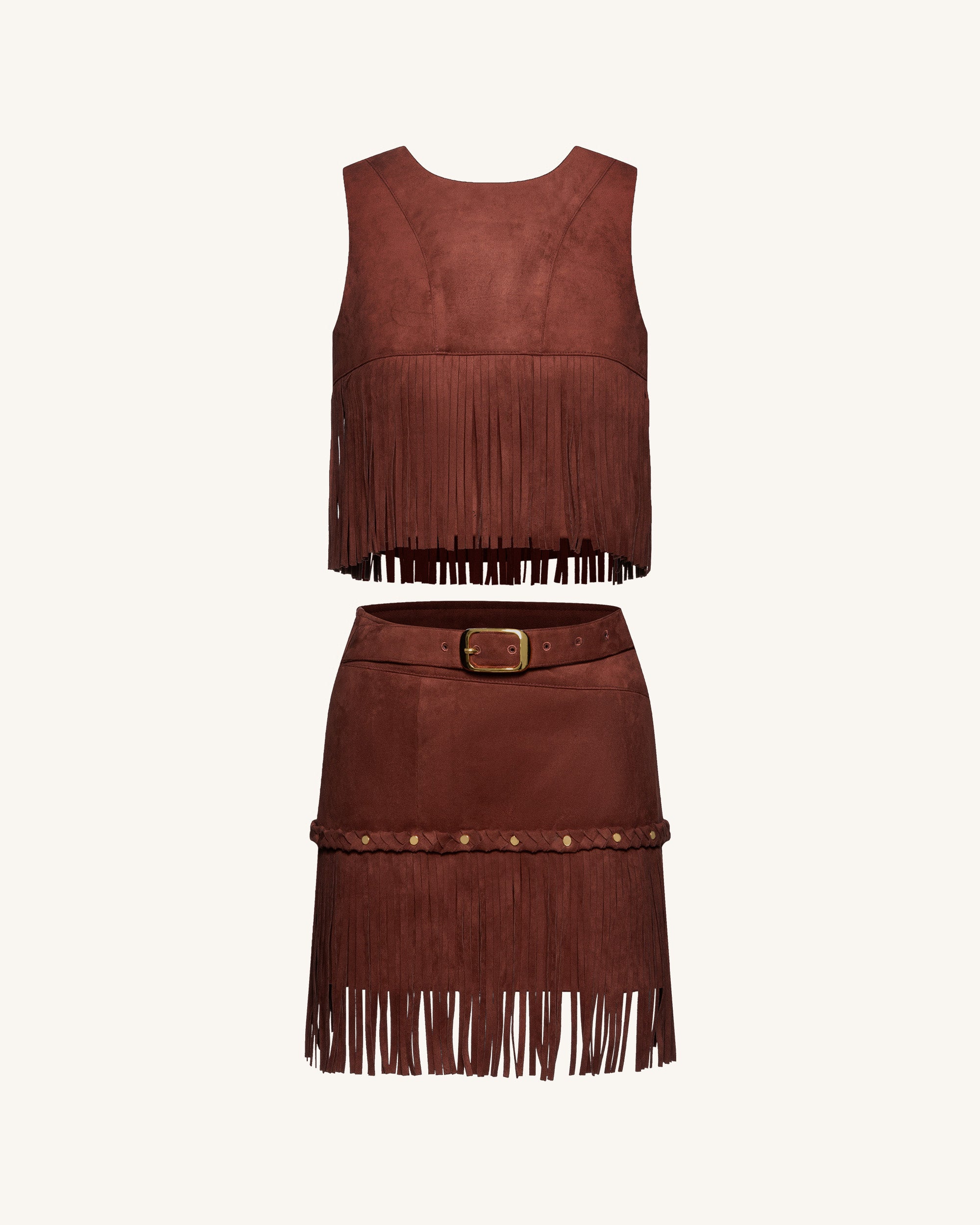 Western-Style Sueded Fringe Skirt - Burgundy - Image 6