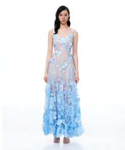 Clementine 3D Floral Embroidered Dress - Blue