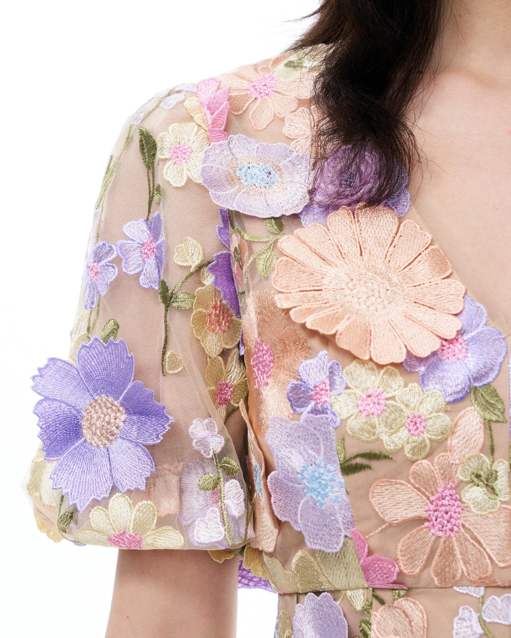 Evangeline 3D V-Neck Floral Embroidered Dress - Pastel Multi - Image 6