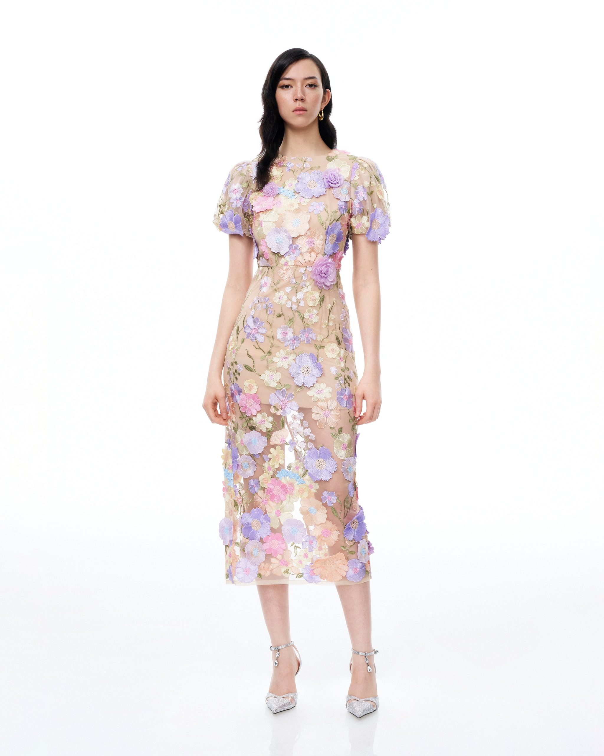 Alaric Round Neck 3D Floral Embroidered Maxi Dress - Pastel Multi