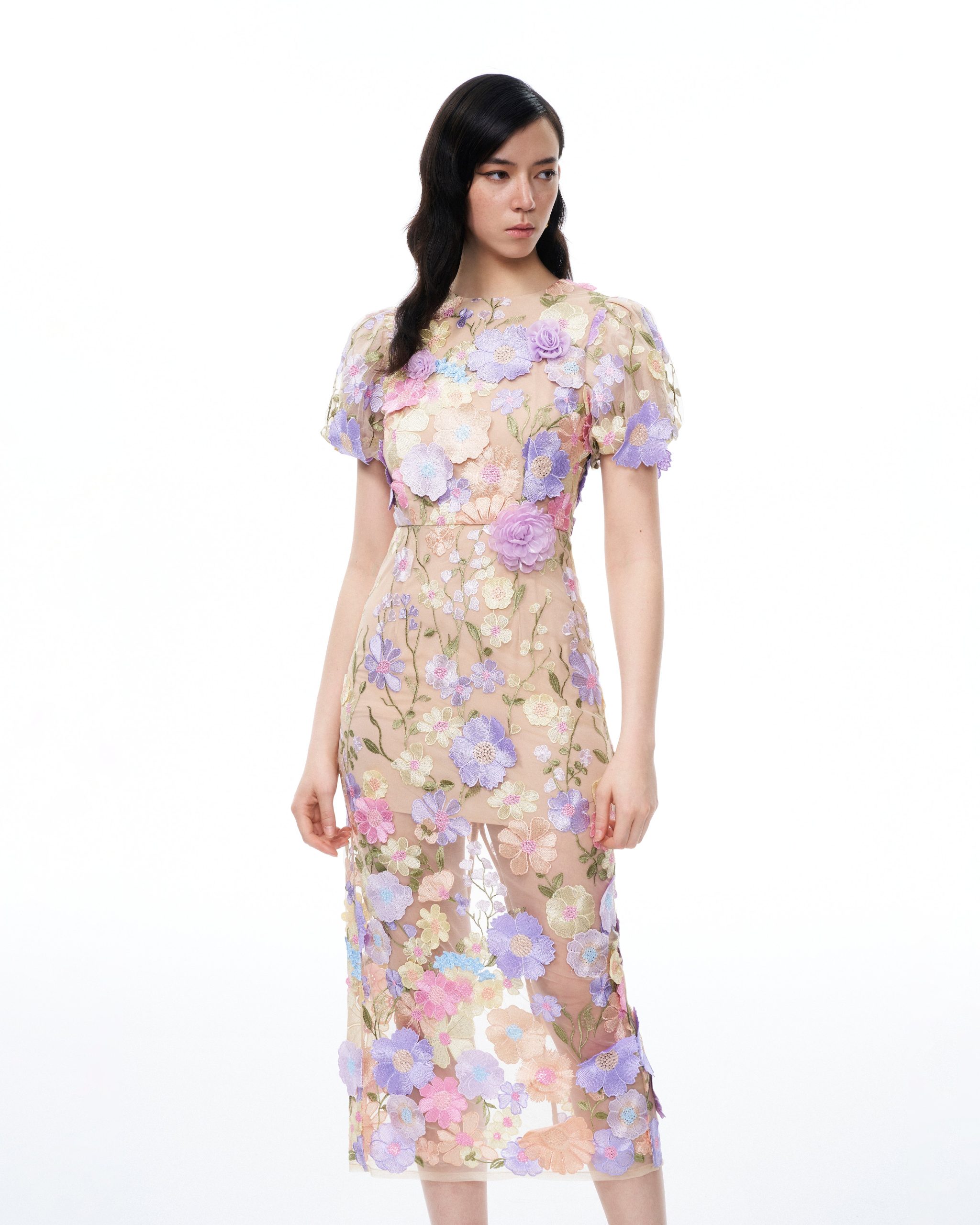 Alaric Round Neck 3D Floral Embroidered Maxi Dress - Pastel Multi - Image 4