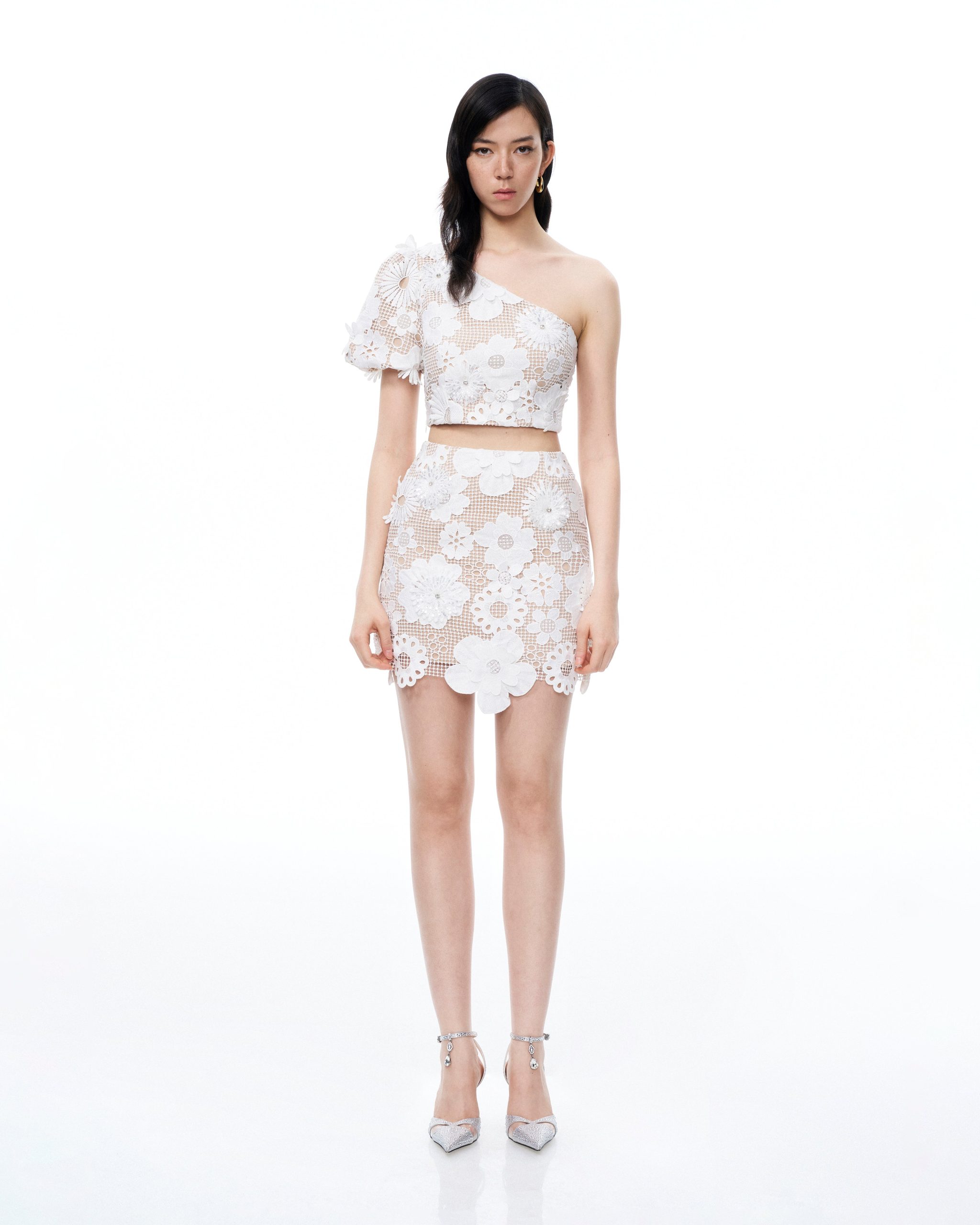 Ophelia One-shoulder Embroidered Iace Dress Suit - White