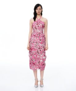 Fiora Halter Neck Floral Embroidered Maxi Dress - Rose Red