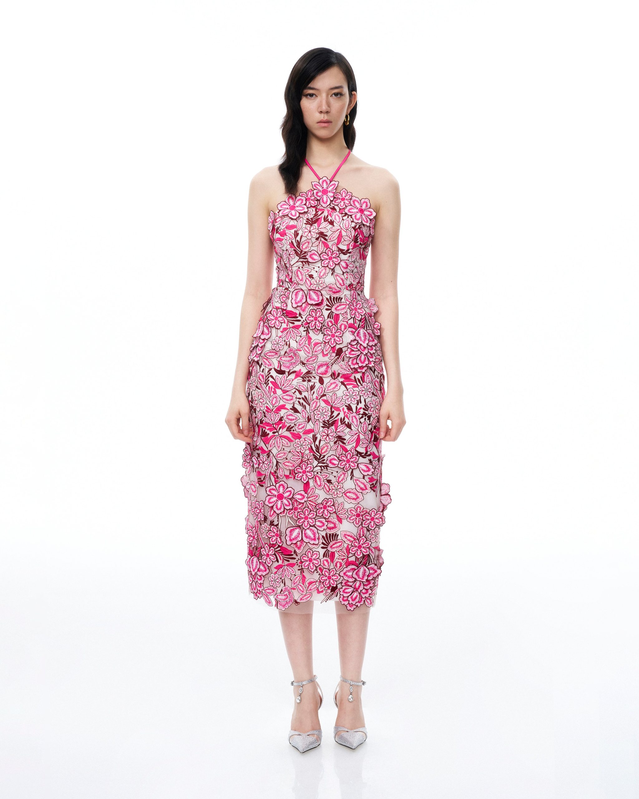 Fiora Halter Neck Floral Embroidered Maxi Dress - Rose Red
