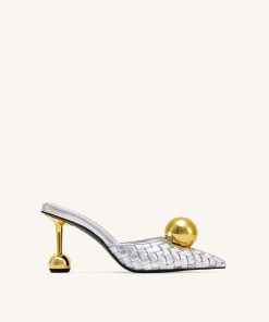 Sofia Woven Sphere Heel Mules - Silver & Gold
