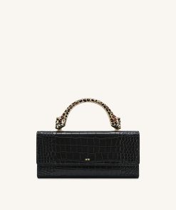 Maya Leopard-Shaped Hardware Handle Top Handle Bag - Black Croc