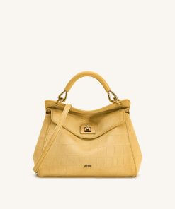 Lucia Classic Croc-Embossed Faux Suede Top Handle Bag - Yellow