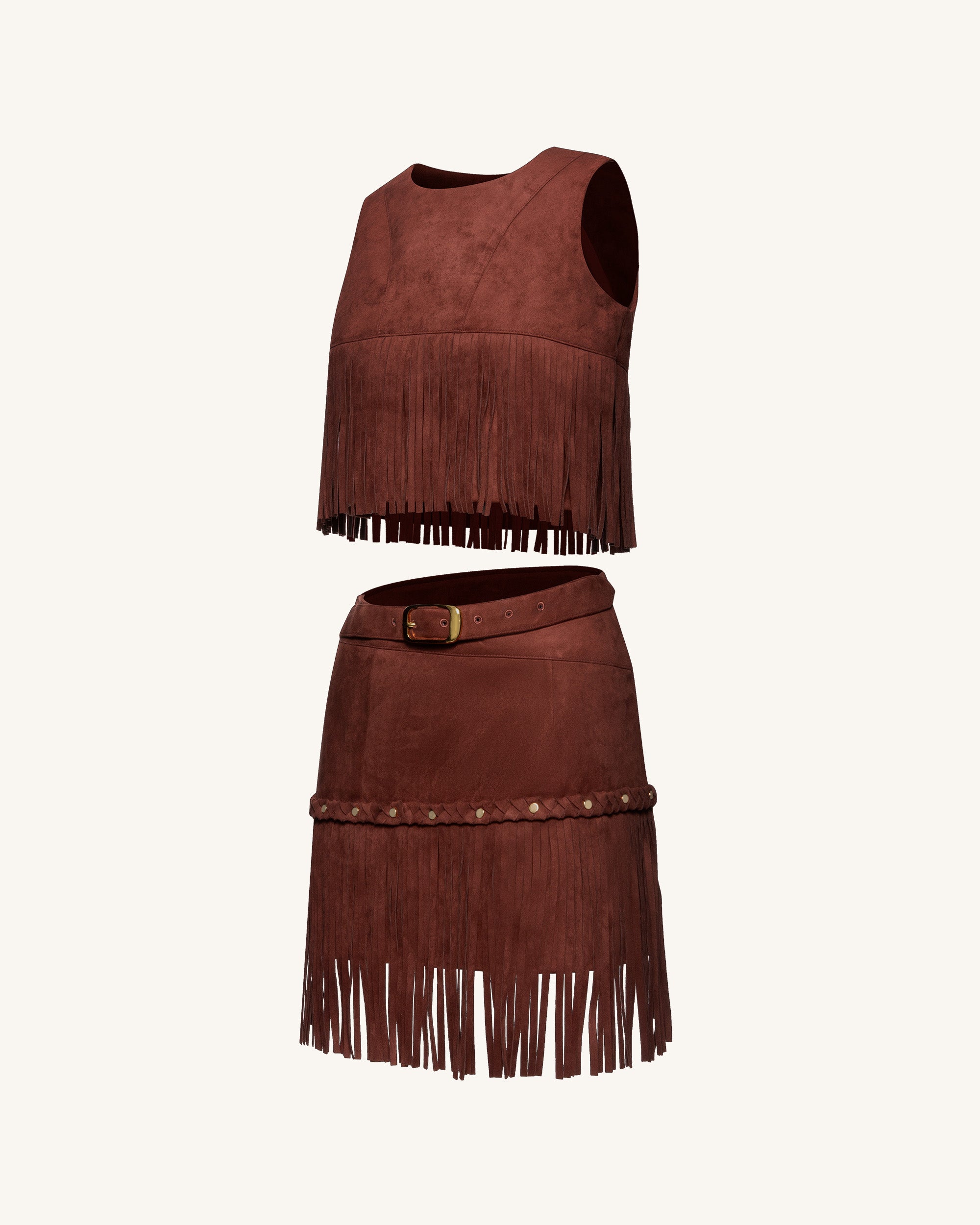 Western-Style Sueded Fringe Skirt - Burgundy - Image 7