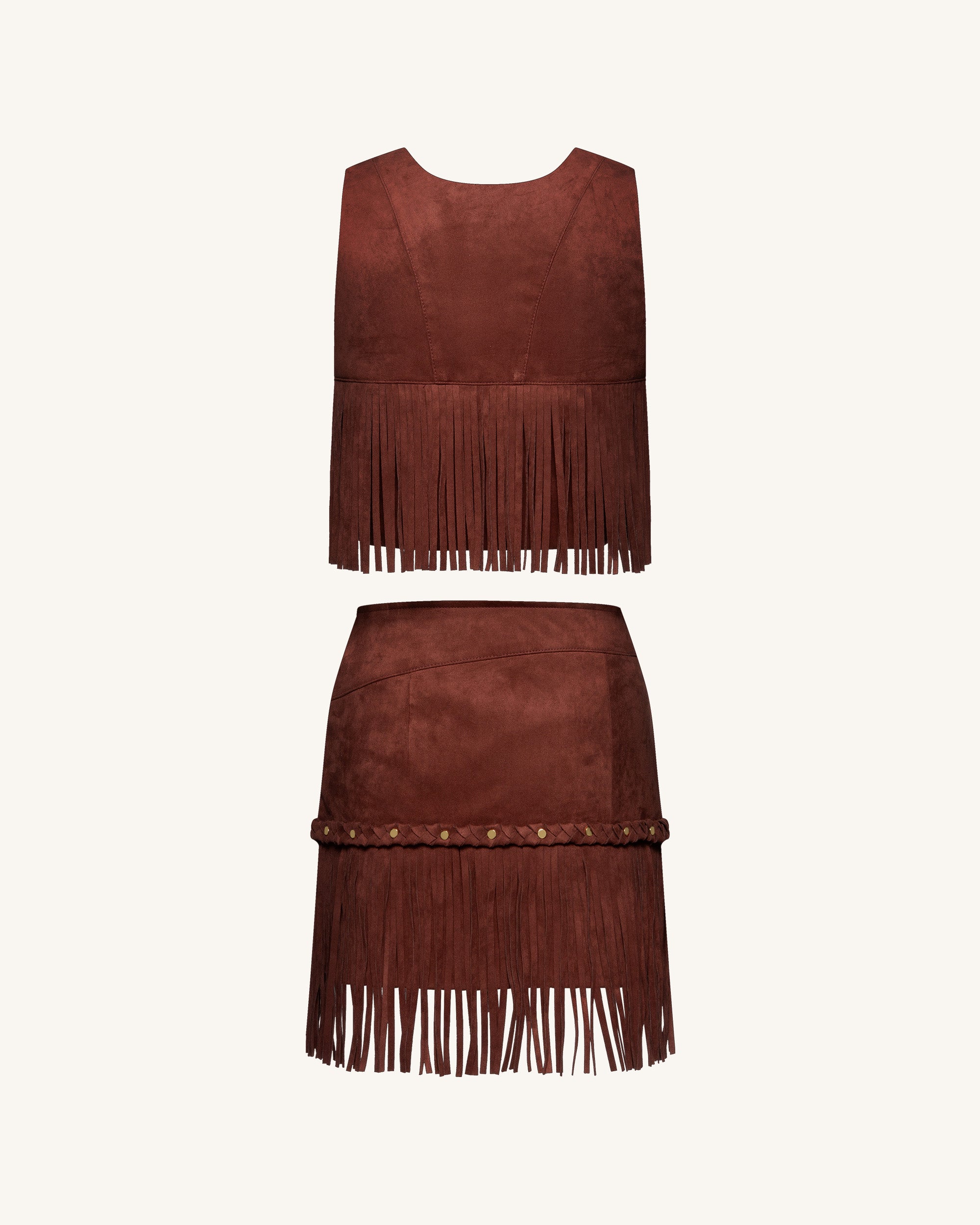 Western-Style Sueded Fringe Skirt - Burgundy - Image 8