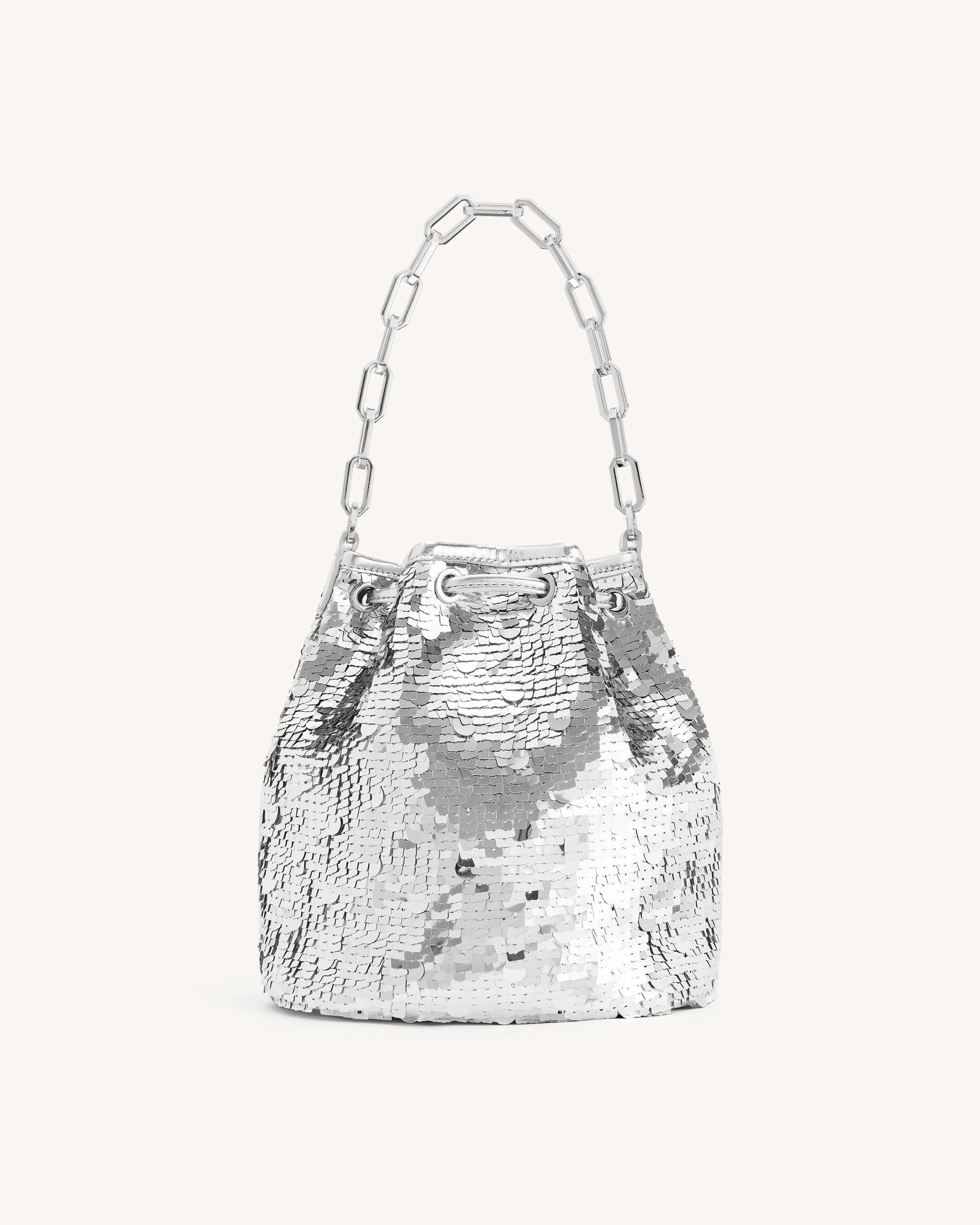 Yulia Metallic Sequin Bucket Bag - Silver - Image 3