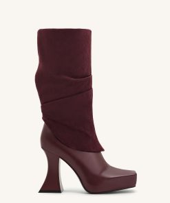 Reyna Square Toe Platform Knit Boots - Claret Red
