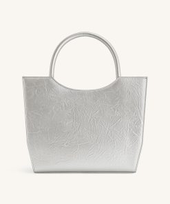 Leah Metallic Pleating Medium Top Handle Bag - Silver