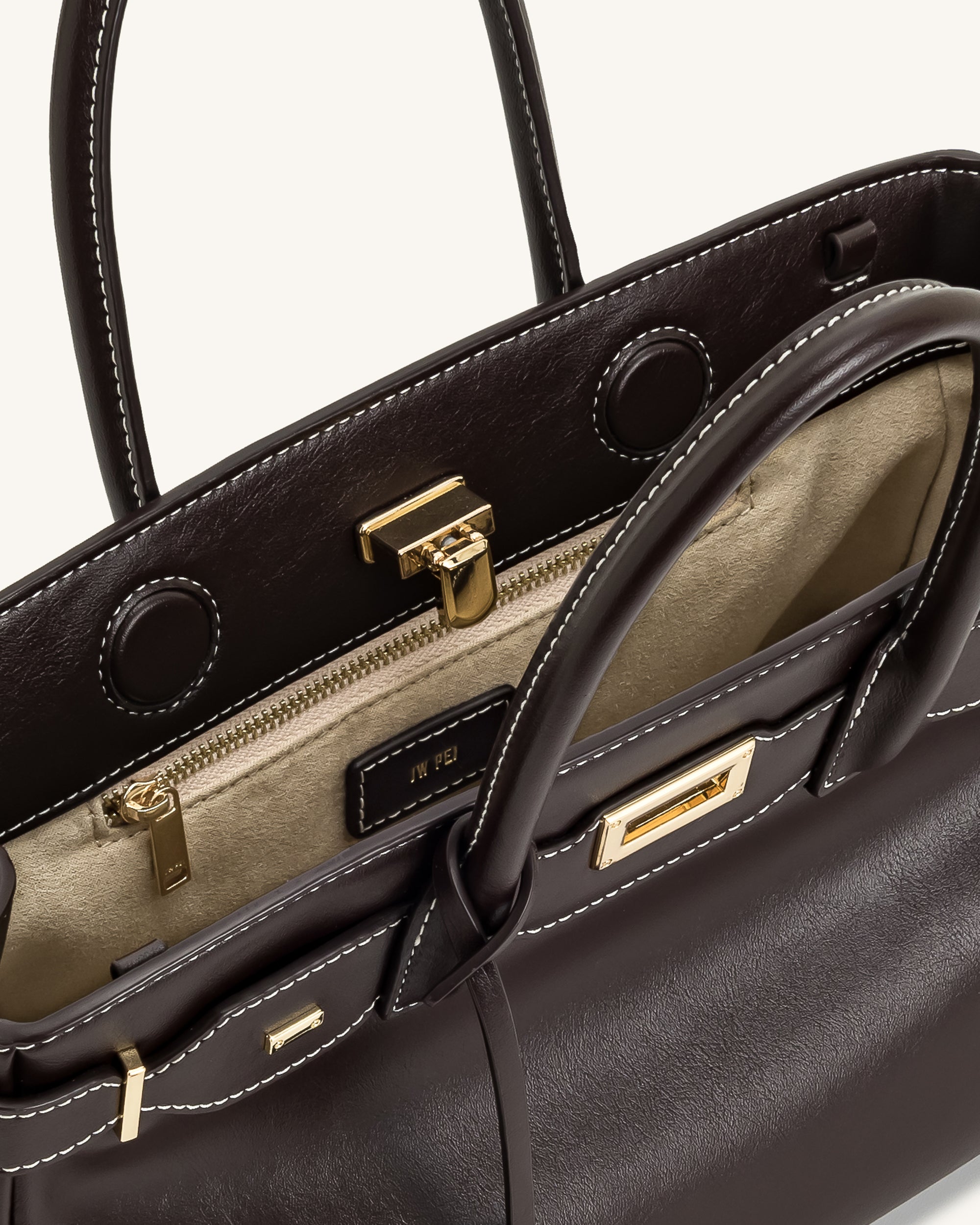 Ziva Metal Lock Decoration Tote Bag - Dark Brown - Image 4