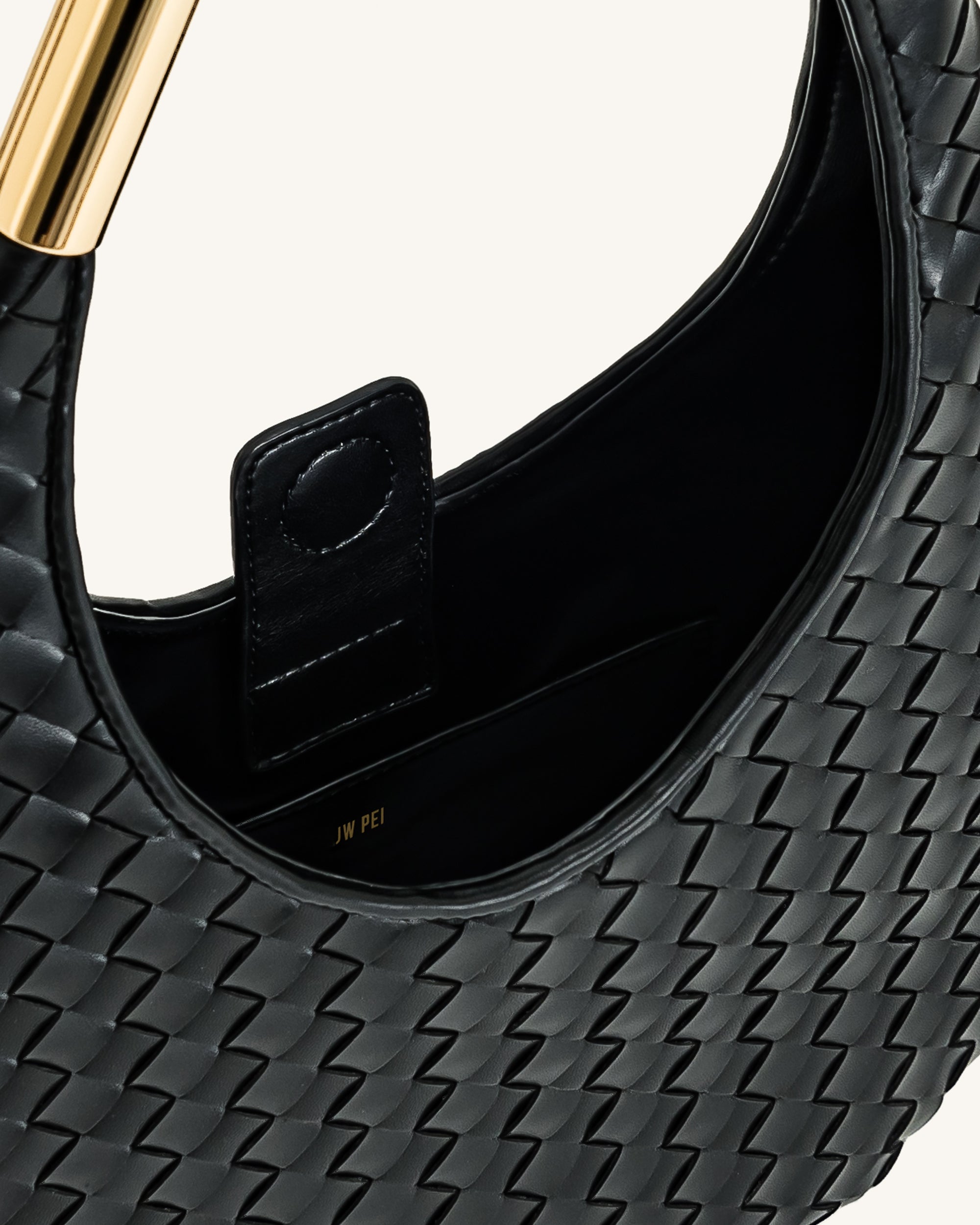 Olivia Hand-Woven Metal Handle Hobo Bag - Black - Image 4