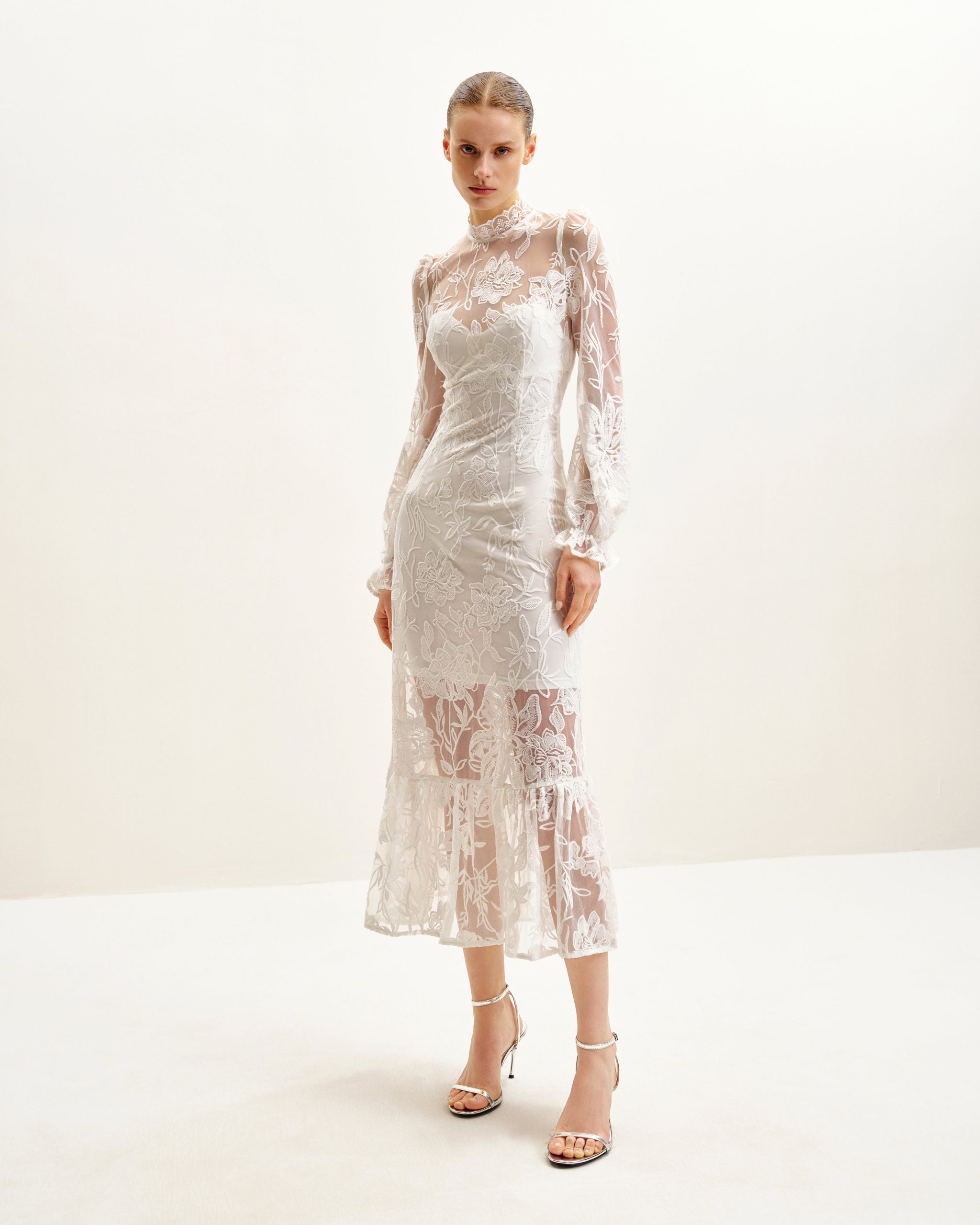 Elegant Lace Midi Dress - White - Image 2