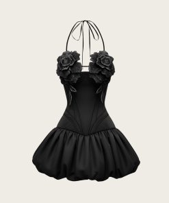 Alternative view of 3D Floral Halter Mini Dress - Black