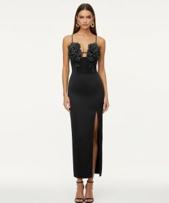 3D Floral Strappy Maxi Dress - Black