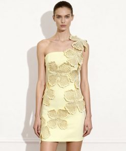 Crochet Floral Appliqué Mini Dress - Yellow