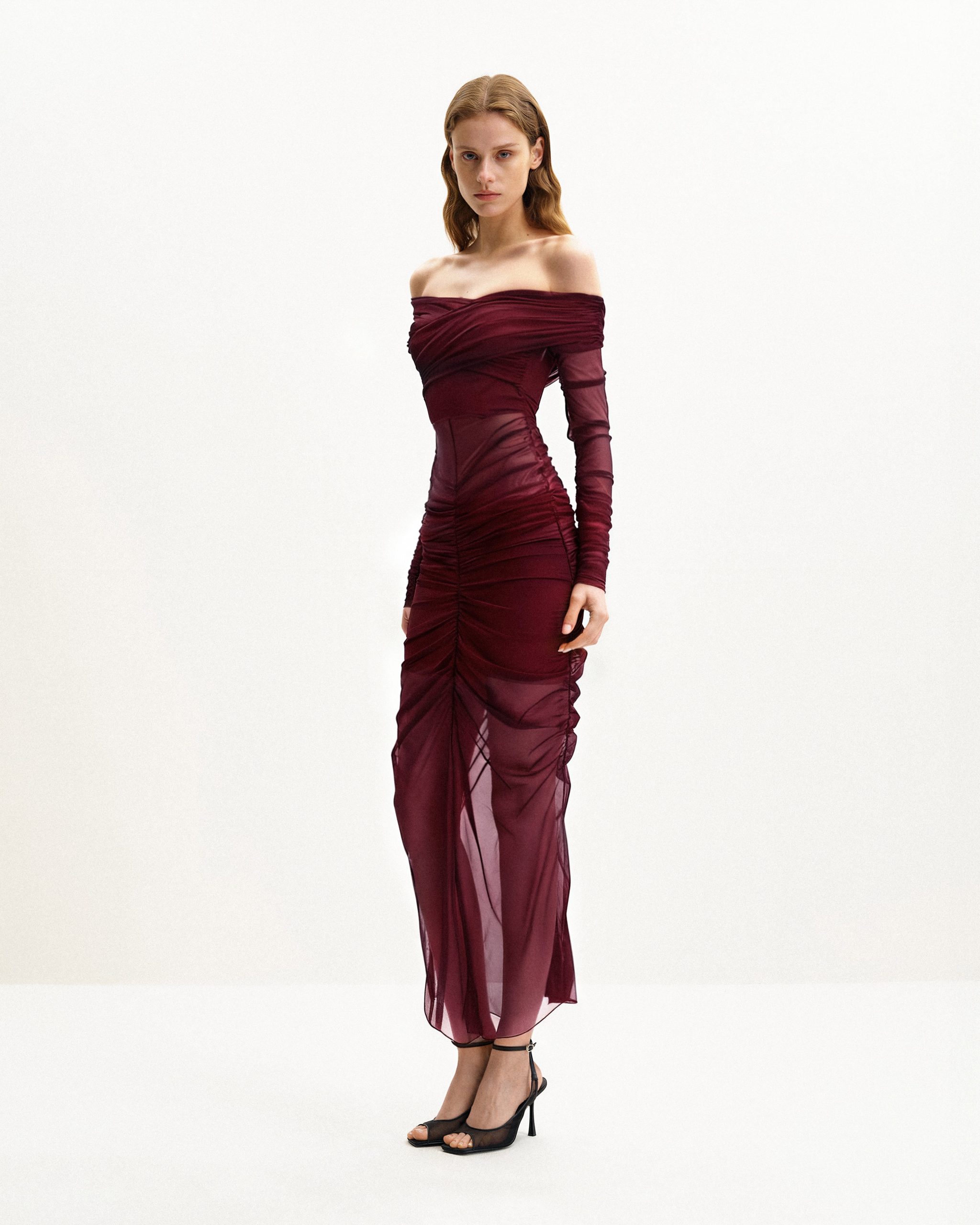 Emily Elegant Off-Shoulder Ruched Gown - Red