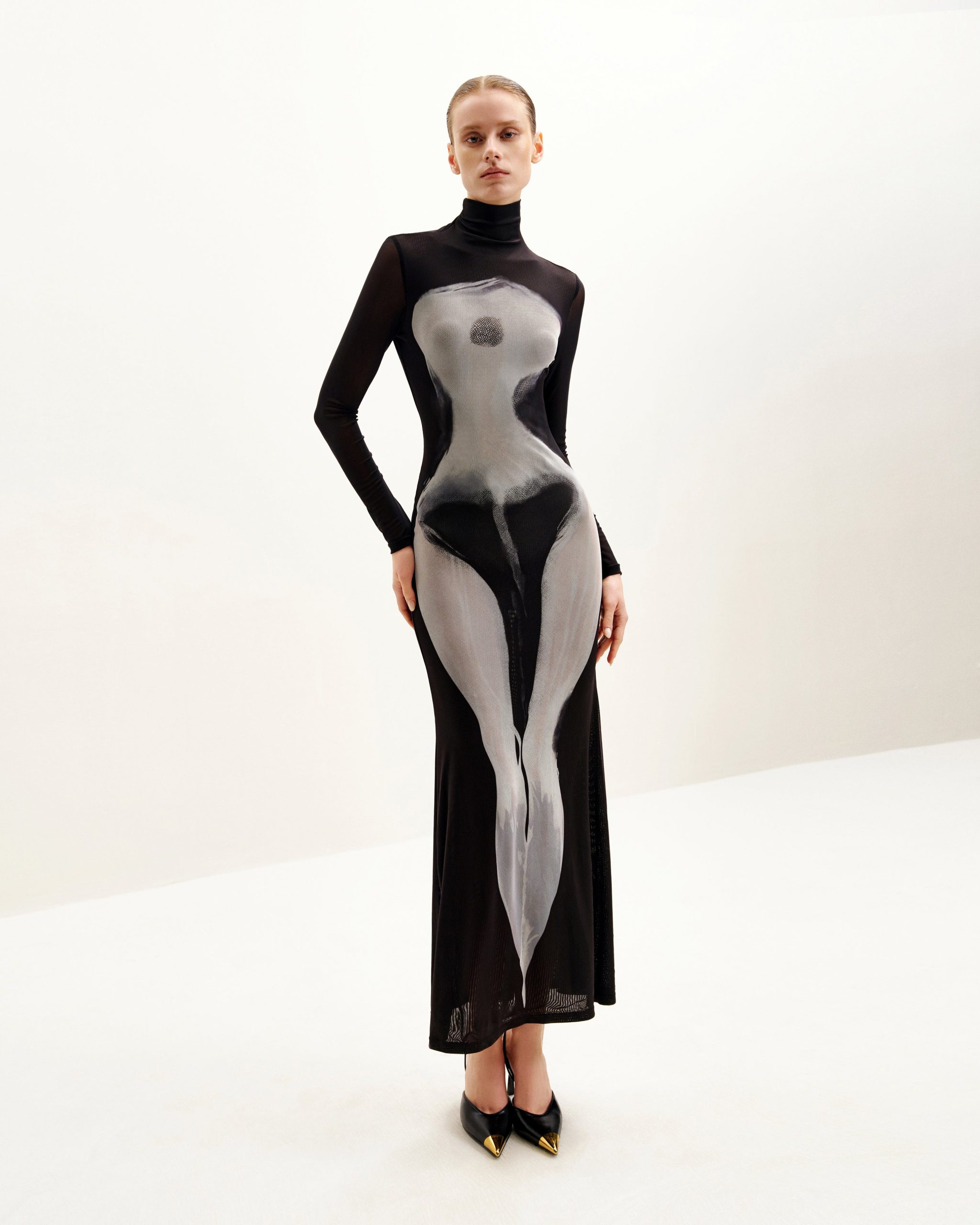 Eva Body Print Mesh Dress - Black and White - Image 2