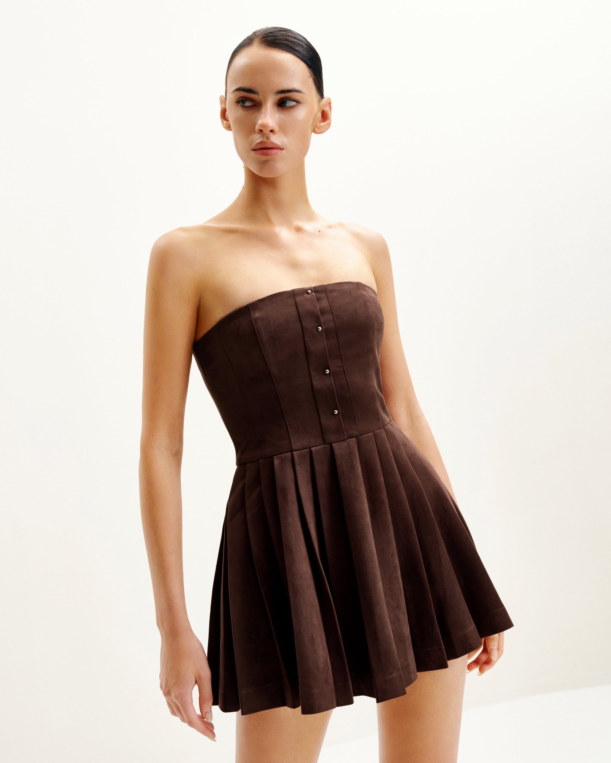 Ellie Pleated Velvet Dress - Chocolate Brown - Image 2