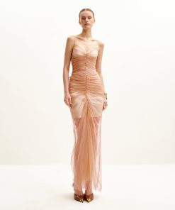 Piper Draped Mesh Evening Gown - Cinnamon