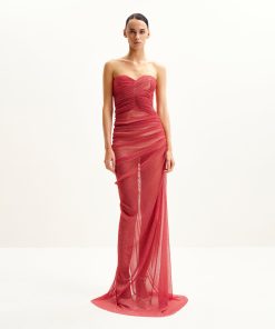 Mia Strapless Sheer Glitter Gown - Scarlet
