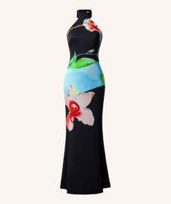 Alternative view of Floral Satin Halter Dress - Multicolor Black