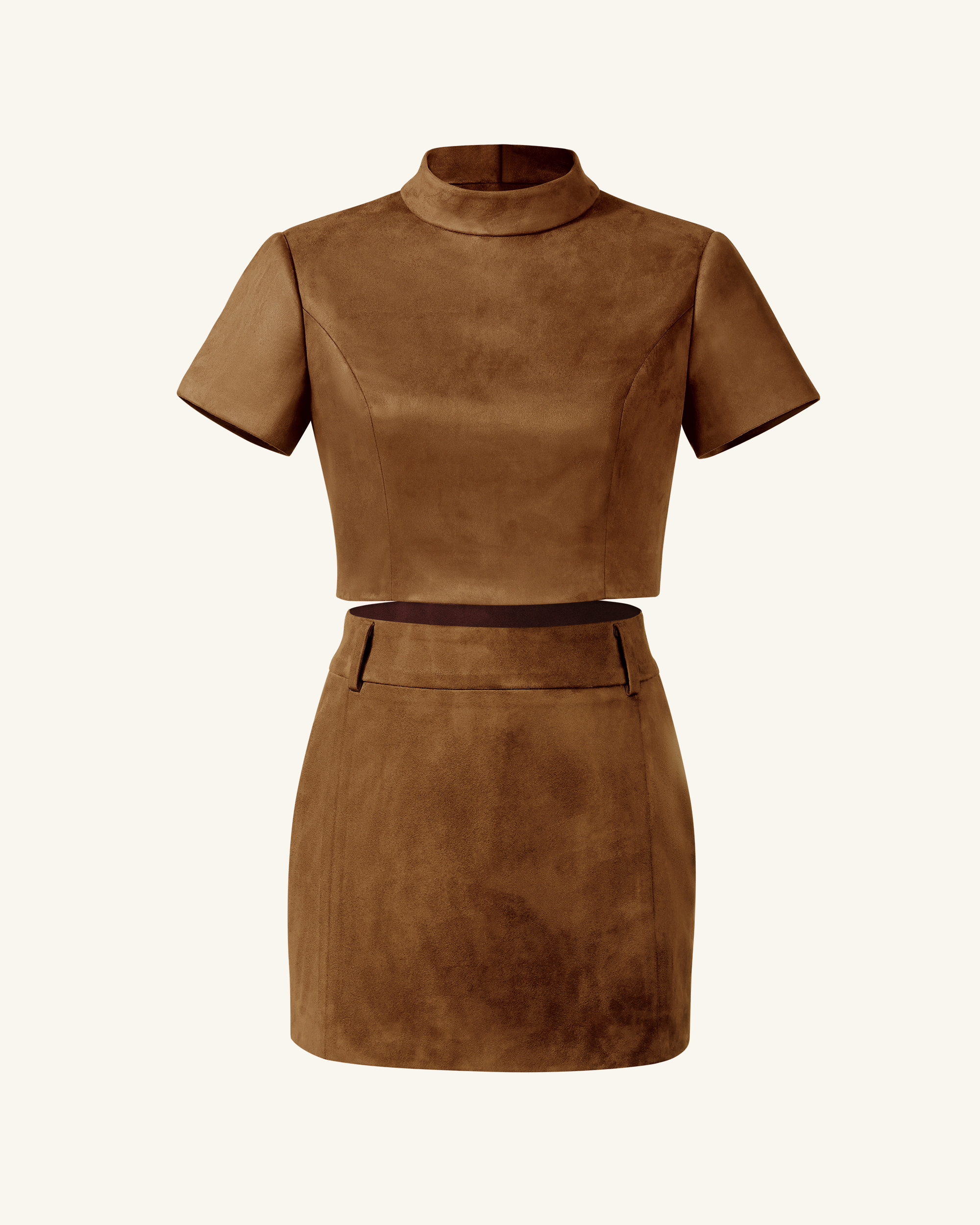 Grace Faux Suede Crop Top and Mini Skirt Set - Camel - Image 3