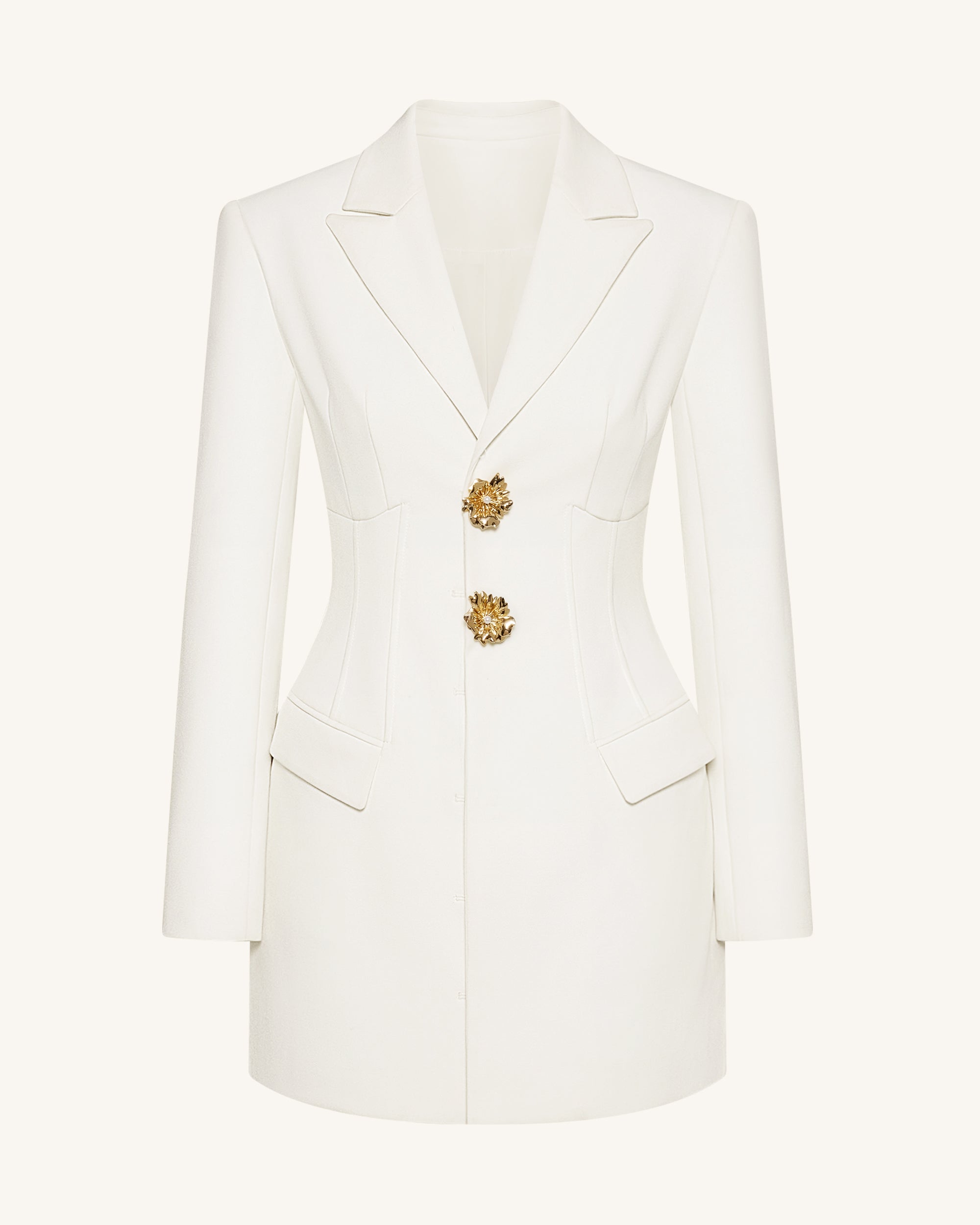 Gold Button Fitted Blazer Dress – White - Image 2