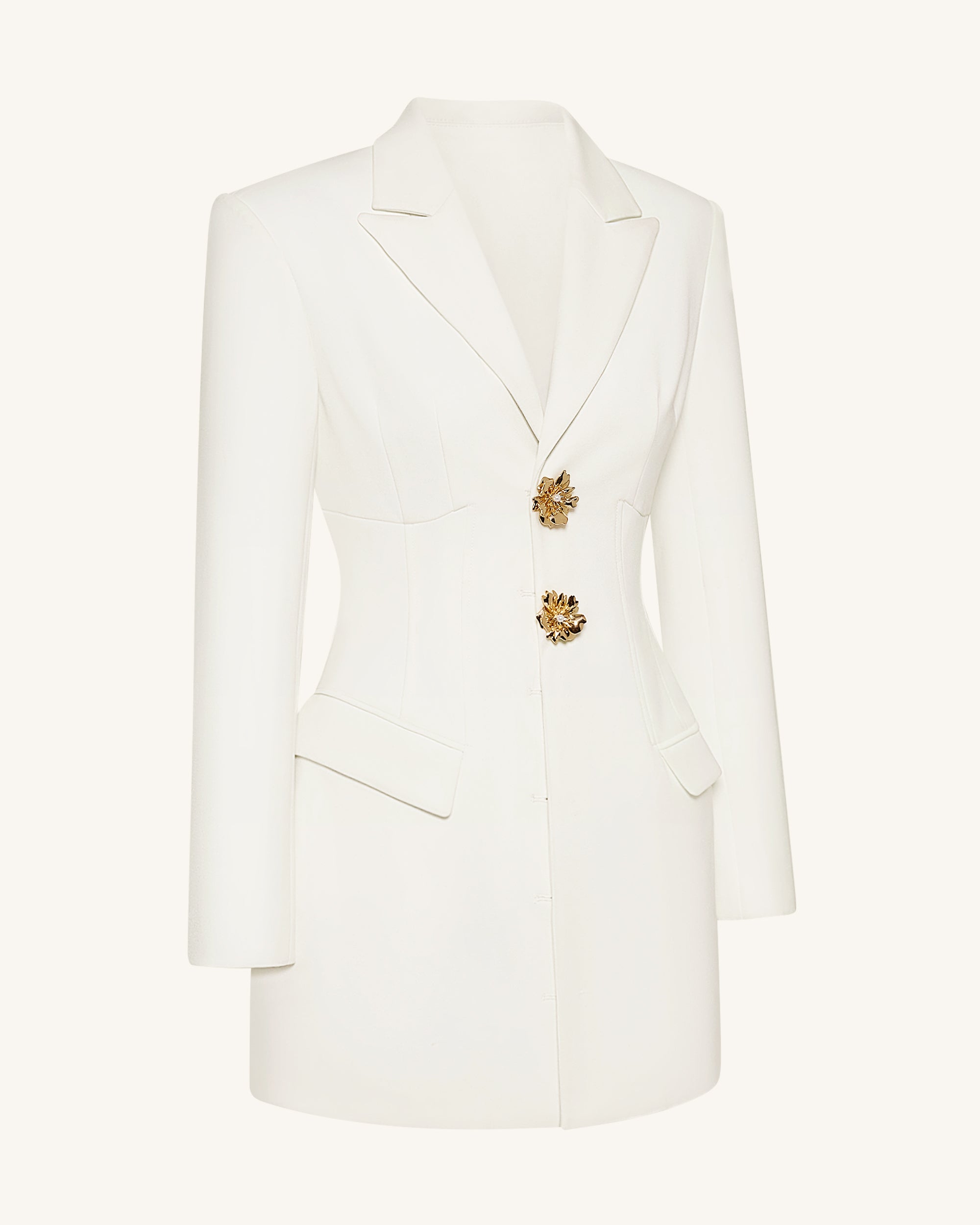 Gold Button Fitted Blazer Dress – White - Image 3