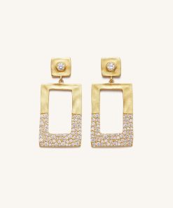 Geometrical Openwork Rectangle Earrings - 18ct Gold Plated & White Zircon