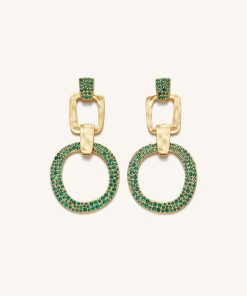 Geometrical Openwork Round Earrings - 18ct Gold Plated & Green Nano