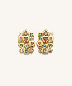 Geometrical Combination Earrings - 18ct Gold Plated & Multicolor Zircon