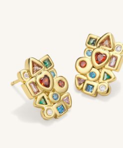 Alternative view of Geometrical Combination Earrings - 18ct Gold Plated & Multicolor Zircon