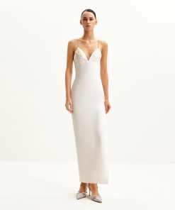 Ayliua Sweetheart-Neckline Rhinestones Embellished White Long Dress - White