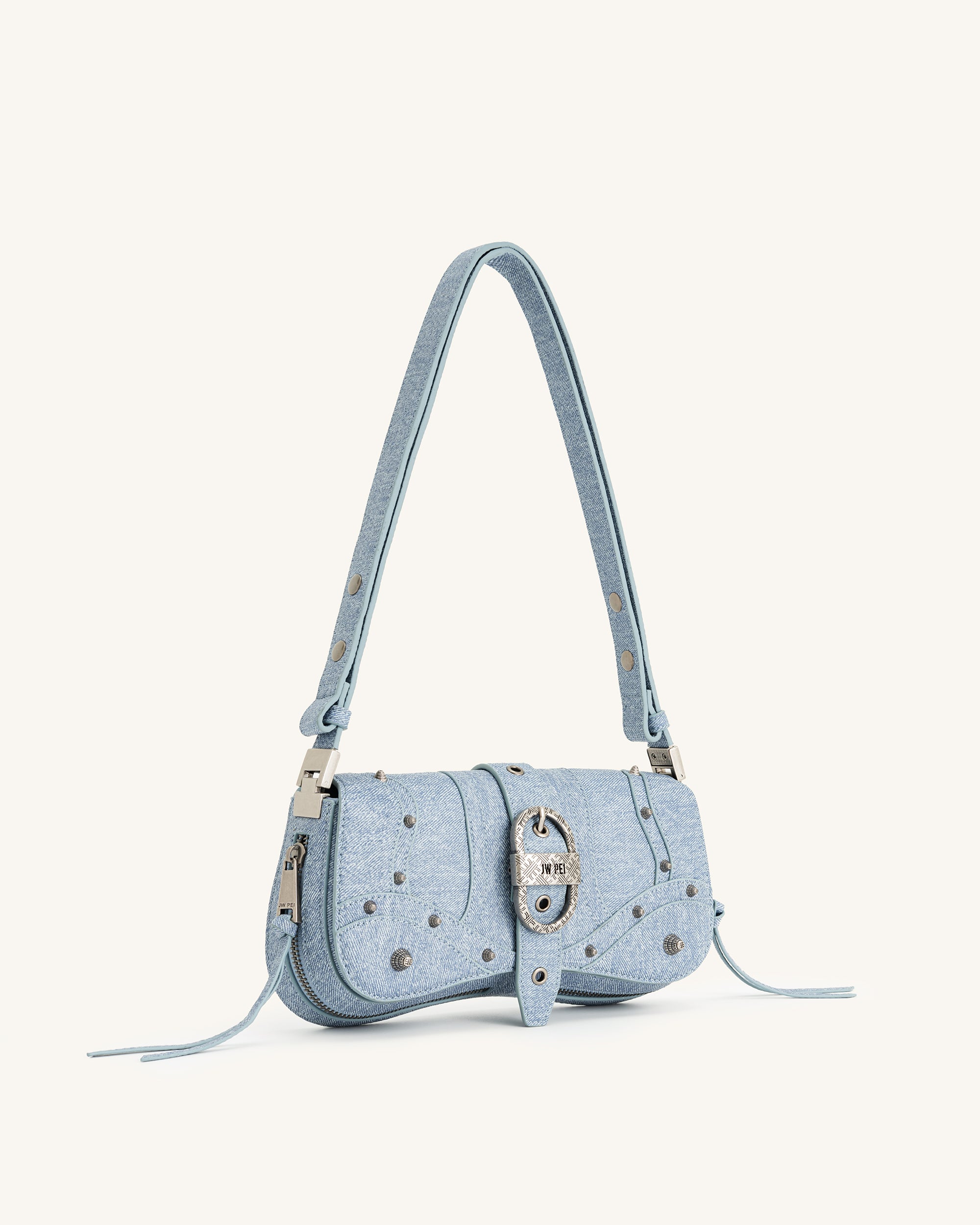 Joy Denim Embossed Curved Shoulder Bag - Blue - Image 3