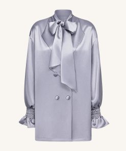 Alternative view of Ribbon Tie Balloon Sleeve Longline Blazer - Silver