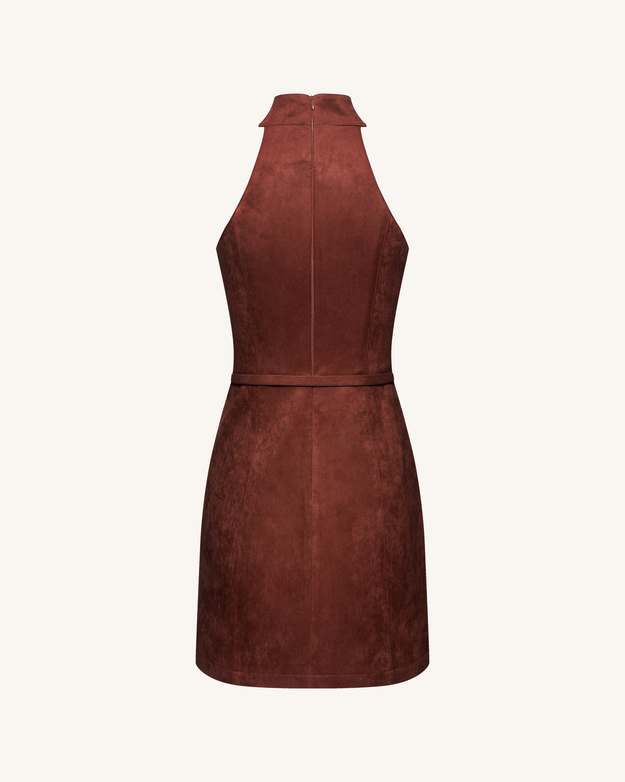 Faux Suede Halter Neck Zip-Front Mini Dress - Burgundy - Image 5