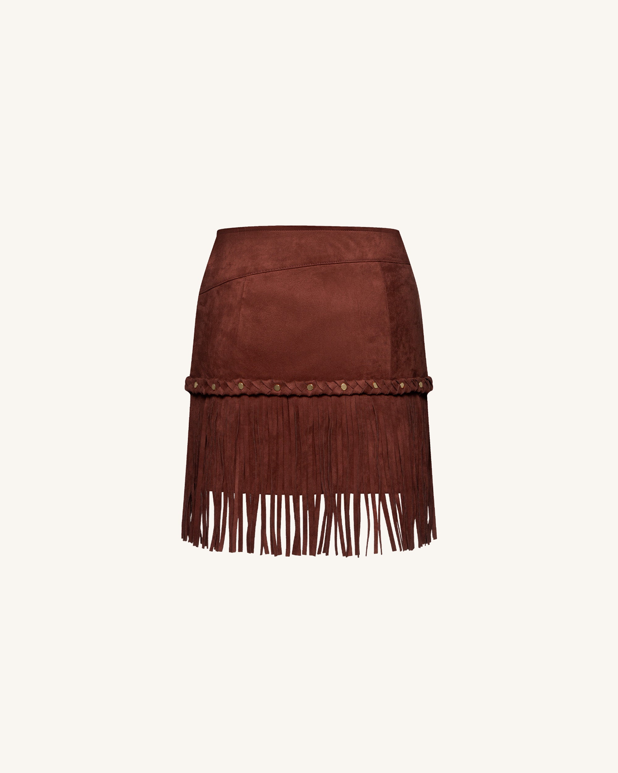 Western-Style Sueded Fringe Skirt - Burgundy - Image 4