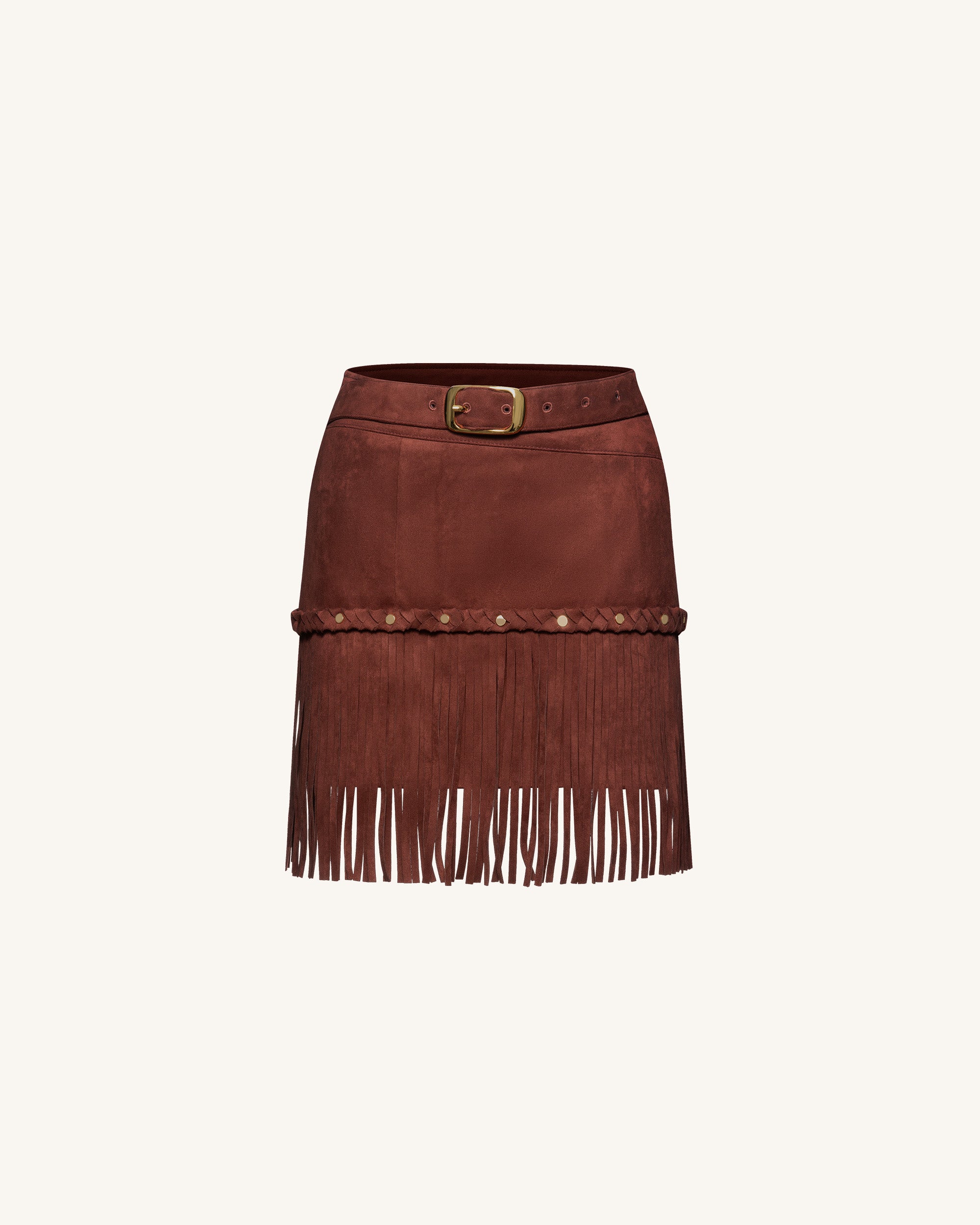 Western-Style Sueded Fringe Skirt - Burgundy - Image 2