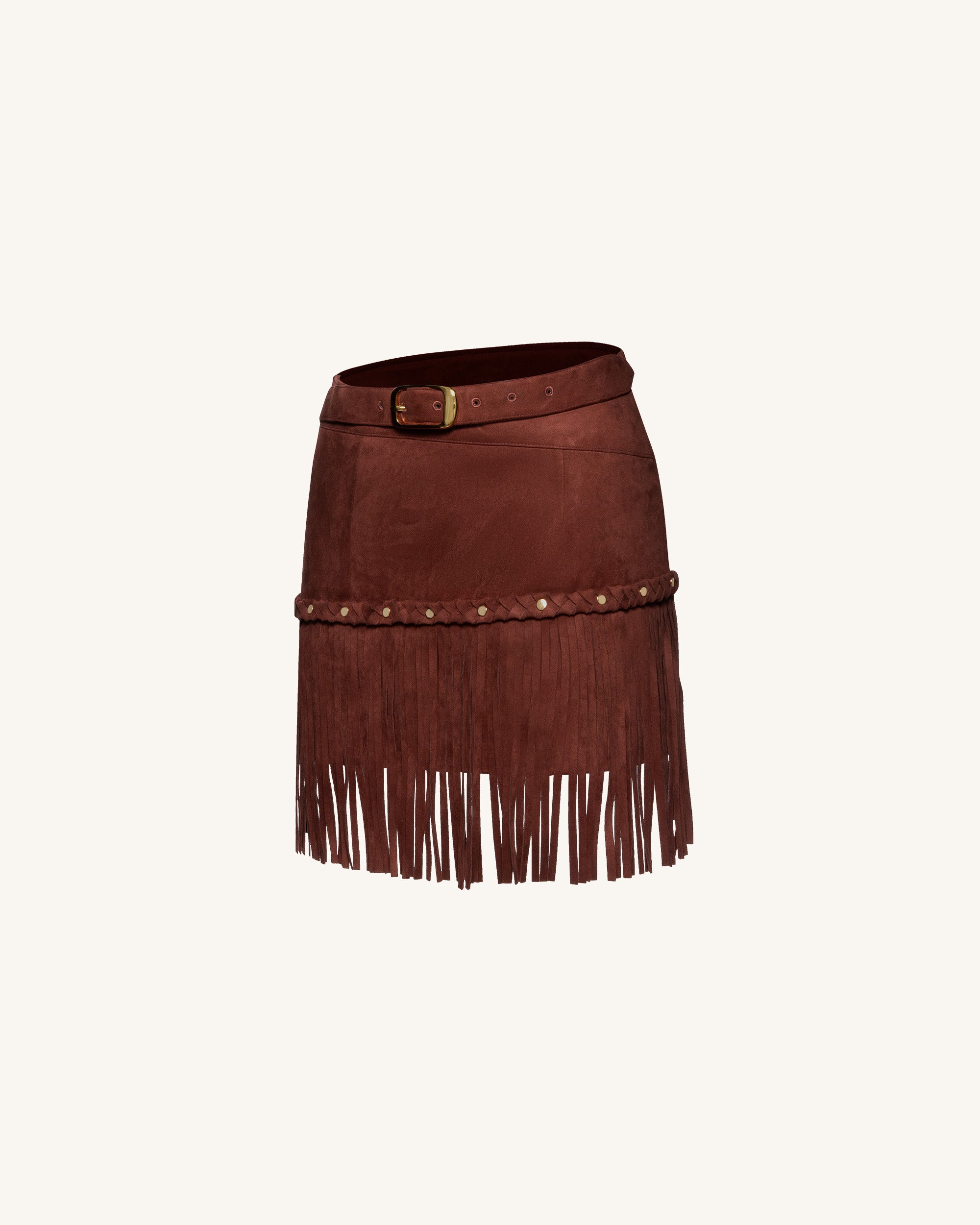 Western-Style Sueded Fringe Skirt - Burgundy - Image 3