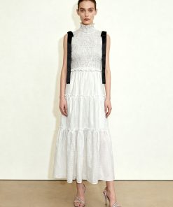 High-Neck Sleeveless Smocked Three-Tier Maxi Dress - White