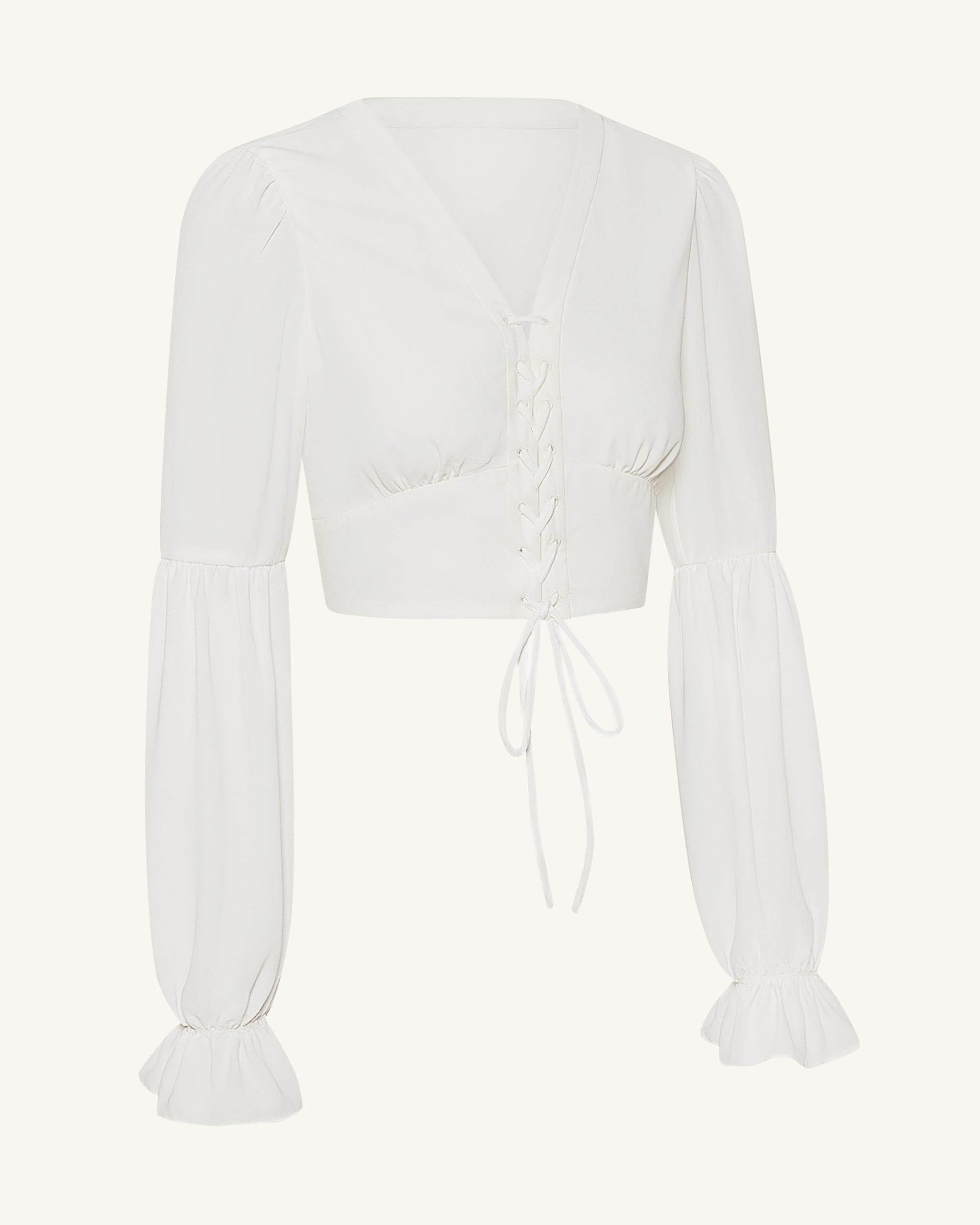 Chiffon Lantern-Sleeve Tie-Front Cropped Blouse - White - Image 4