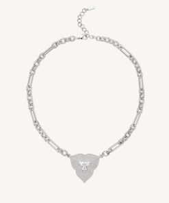 Alternative view of Leaf Pendant Necklace - 18ct White Gold Plated & White Zircon