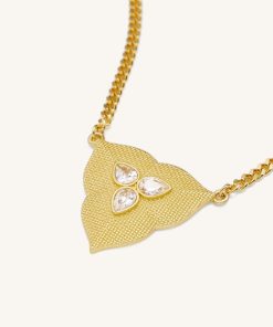Leaf Pendant Necklace - 18ct Gold Plated & White Zircon